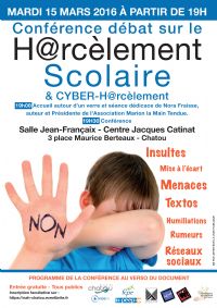 Conférence sur le harcèlement scolaire & le cyber-harcèlement. Le mardi 15 mars 2016 à Chatou. Yvelines.  19H00